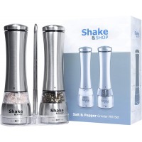 Electric Salt and Pepper Grinder Set Adjustable Coarseness Stainless Steel Battery Operated Mill With LED Light and Complimentary Mill Rest (Pack of 2 Mills)